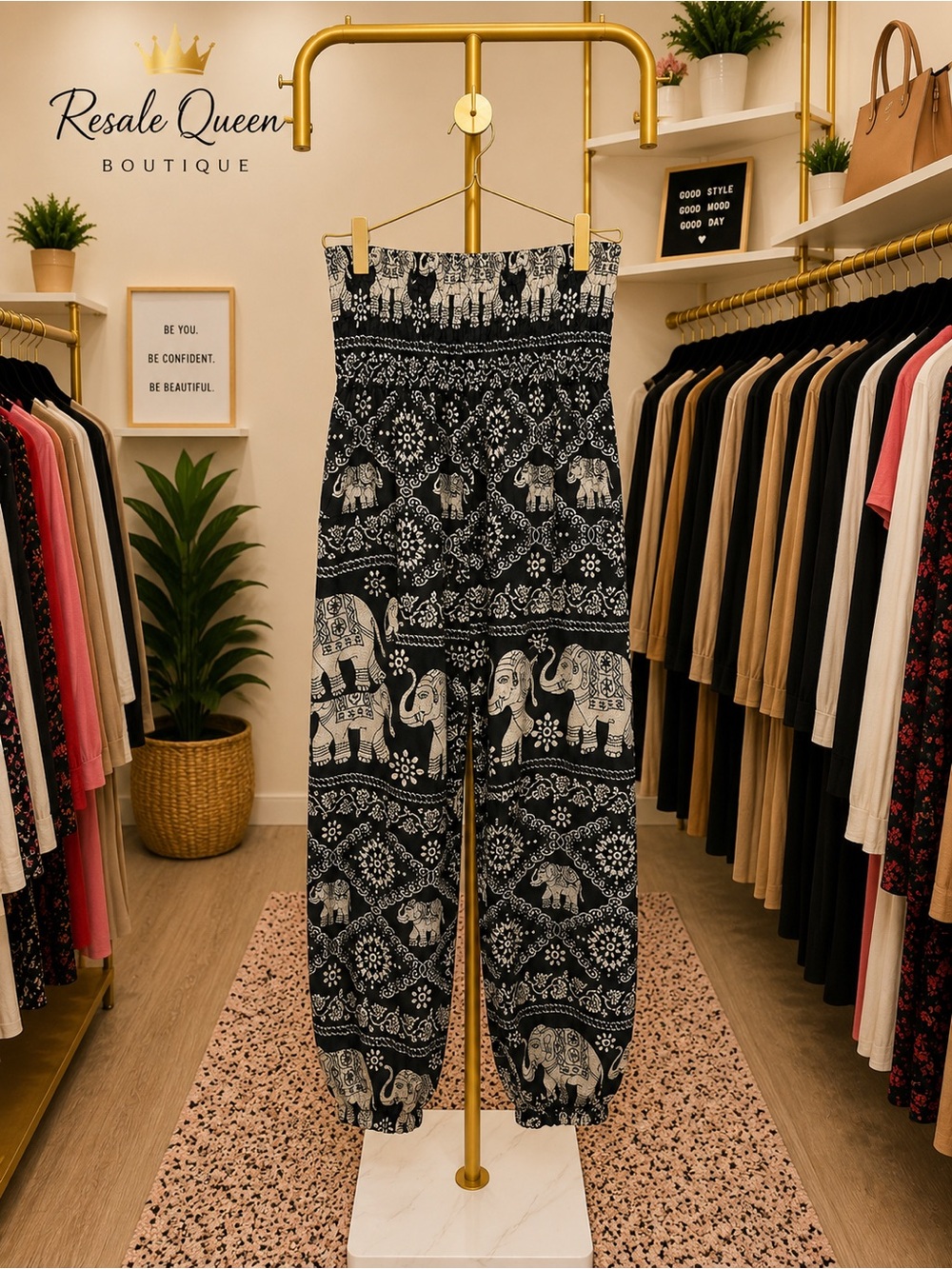 Black & White Elephant Print Wide-Leg Pants With Wide Elastic Band
